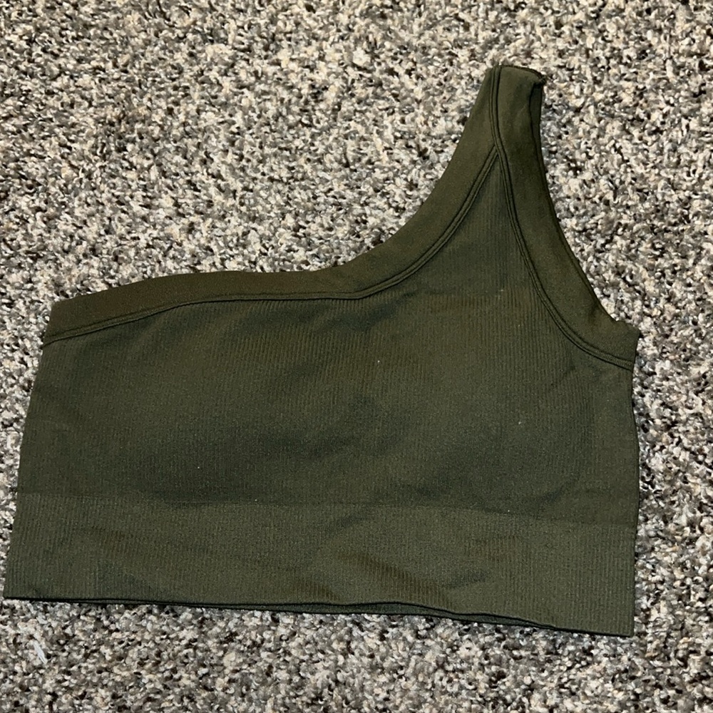 One shoulder athletic material top.